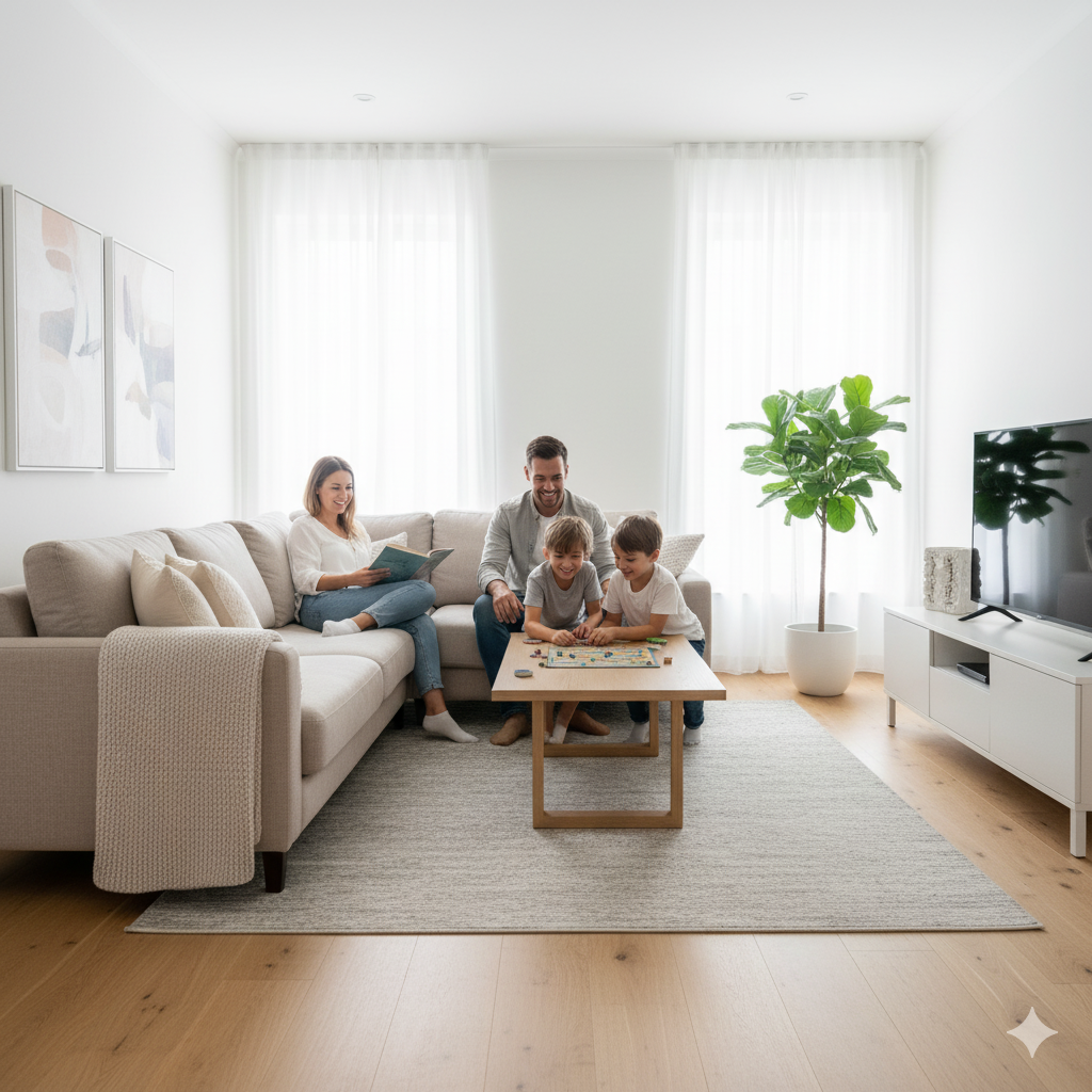 Happy family in a sparkling clean living room