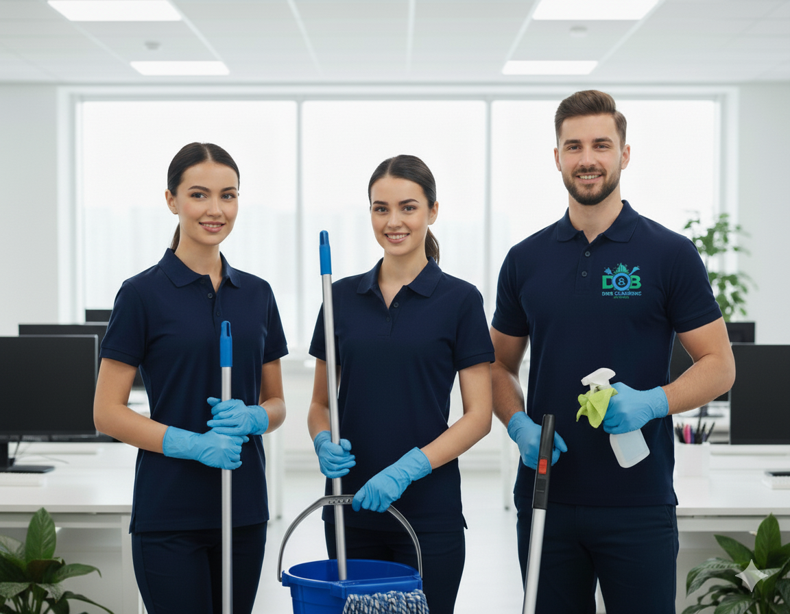 Professional cleaners with equipment